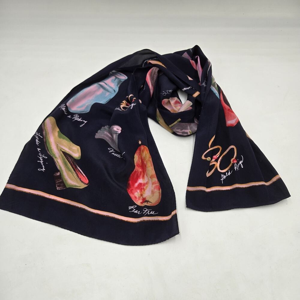 ECHO Silk Scarf 12 Days of Christmas Holiday Wrap Colorful Graphic Print 11"x51"